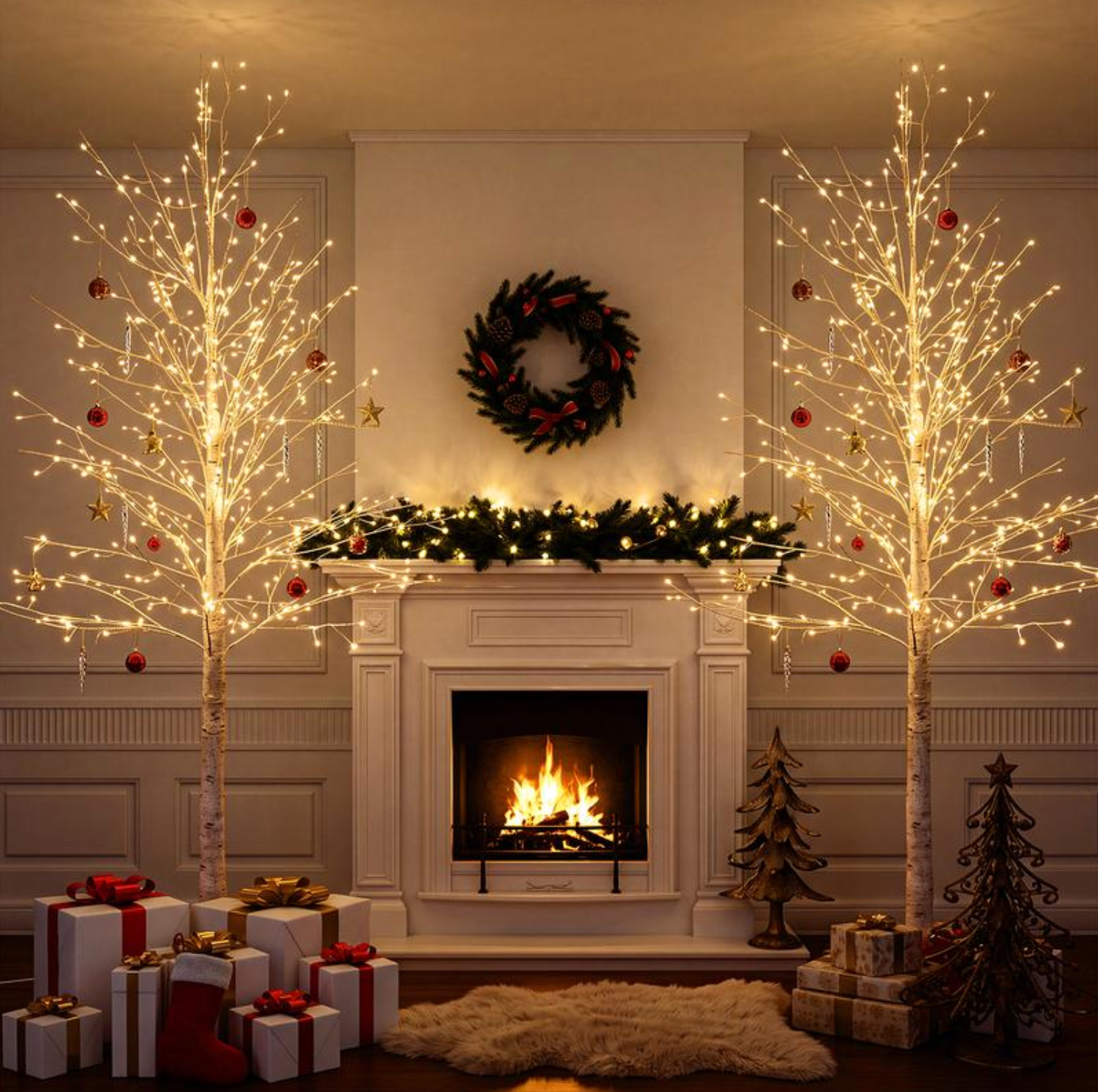 GlowTree beside a holiday fireplace